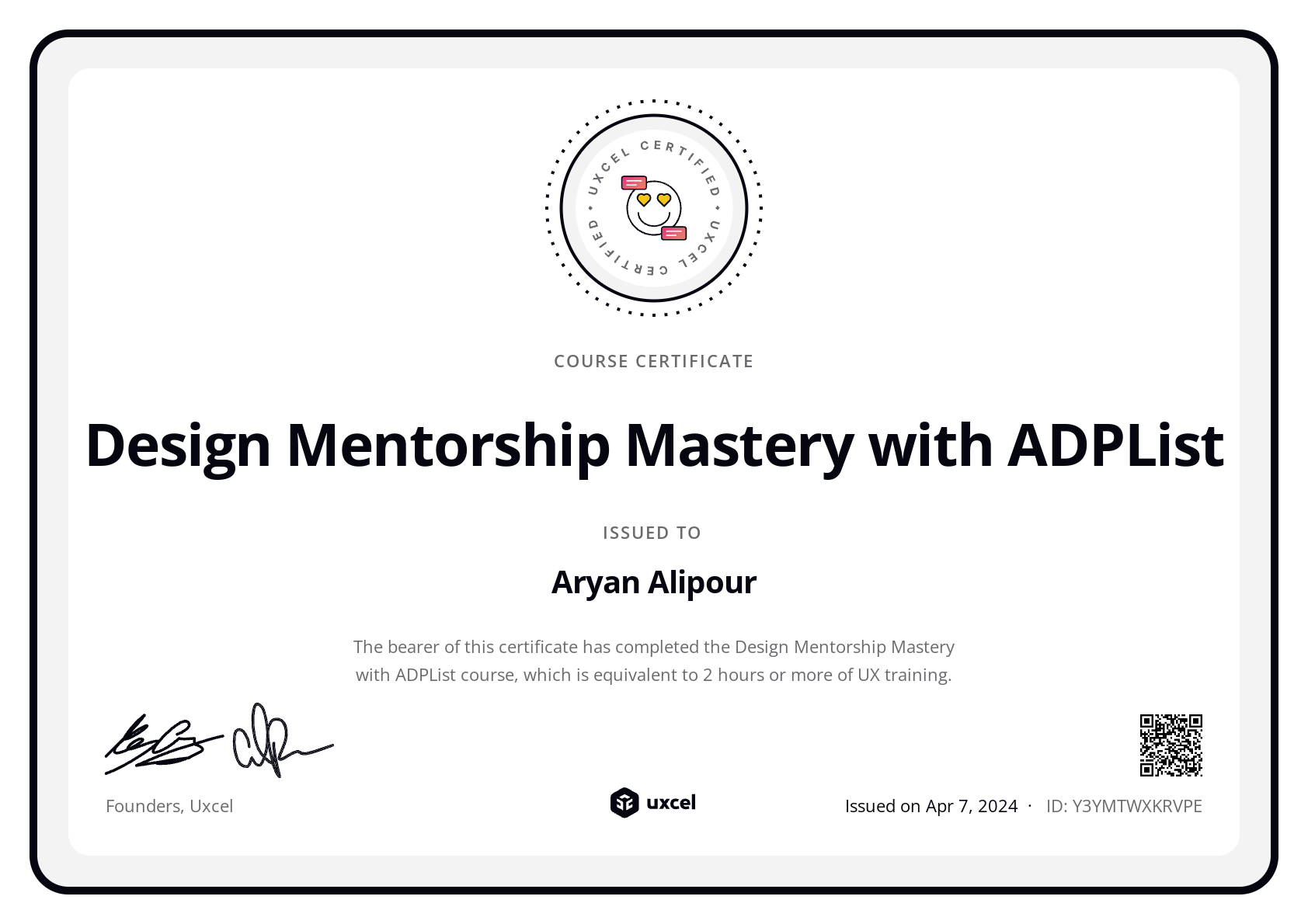 Aryan Alipour's certificate